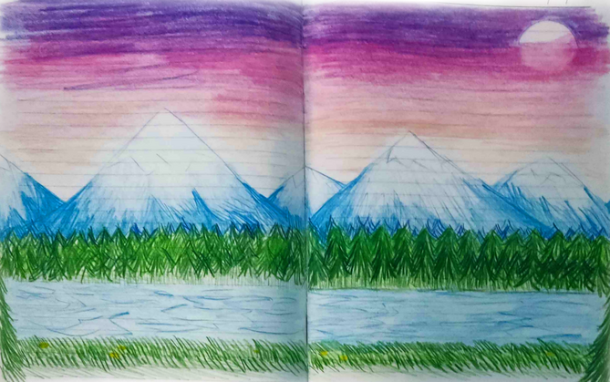 One of my first ever landscape drawings, and I'm still proud of it! I vividly remember my teacher complimenting it because I made this during class... :'D